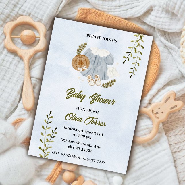 Blue White Watercolor Attire Baby Shower  Invitation (Creator Uploaded)