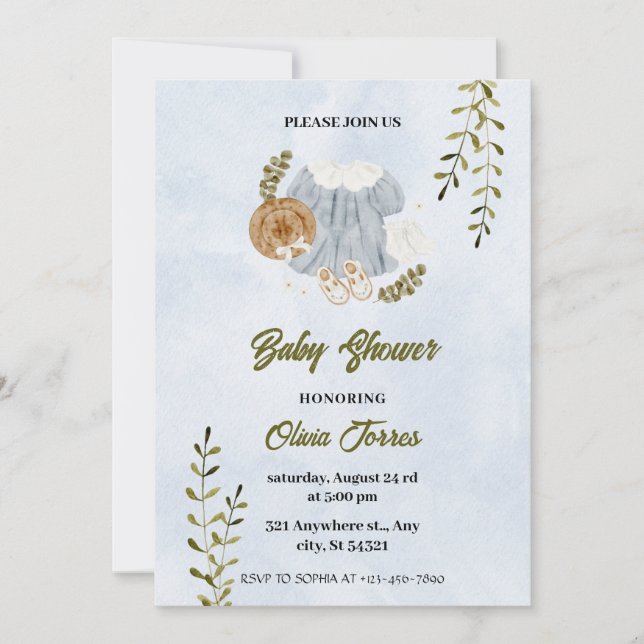 Blue White Watercolor Attire Baby Shower  Invitation (Front)