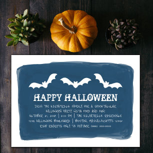 Blue White Watercolor Bats Halloween Party Invitation