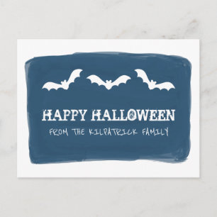Blue White Watercolor Bats Halloween Postcard
