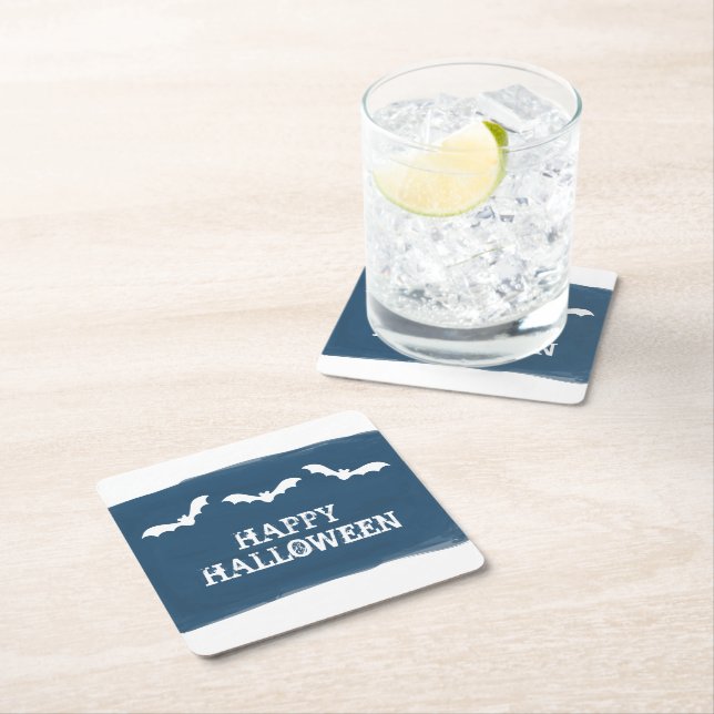 Blue White Watercolor Bats Halloween Square Paper Coaster (Insitu)