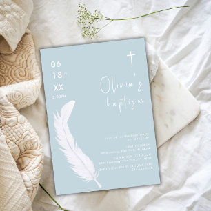 Blue White Watercolor Feather Cross Baptism  Invitation