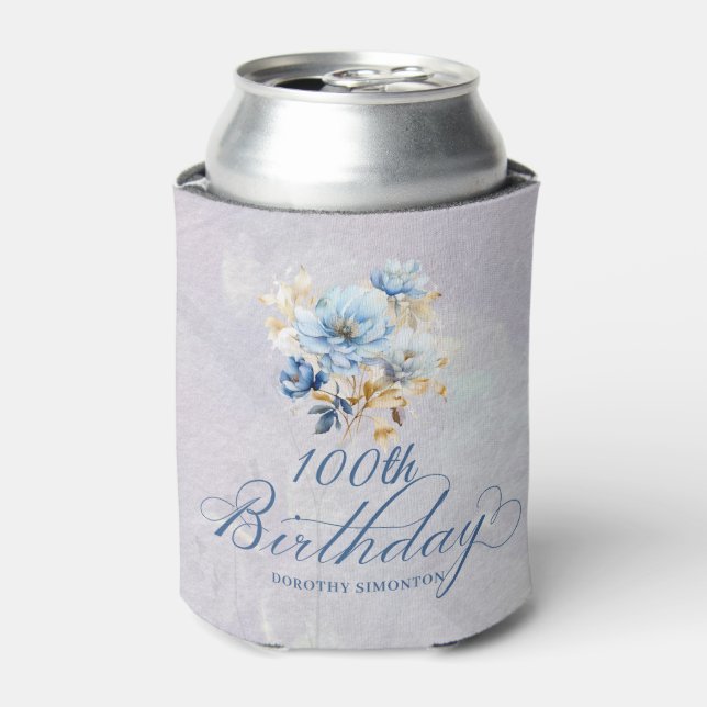 Blue White Watercolor Floral 100th Birthday  Can Cooler (Can Front)