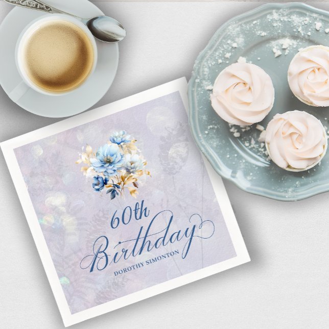 Blue White Watercolor Floral 60th Birthday  Napkin (Creator Uploaded)