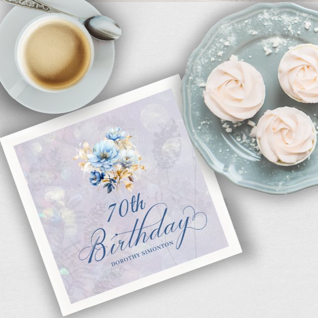 Blue White Watercolor Floral 70th Birthday  Napkin (Creator Uploaded)