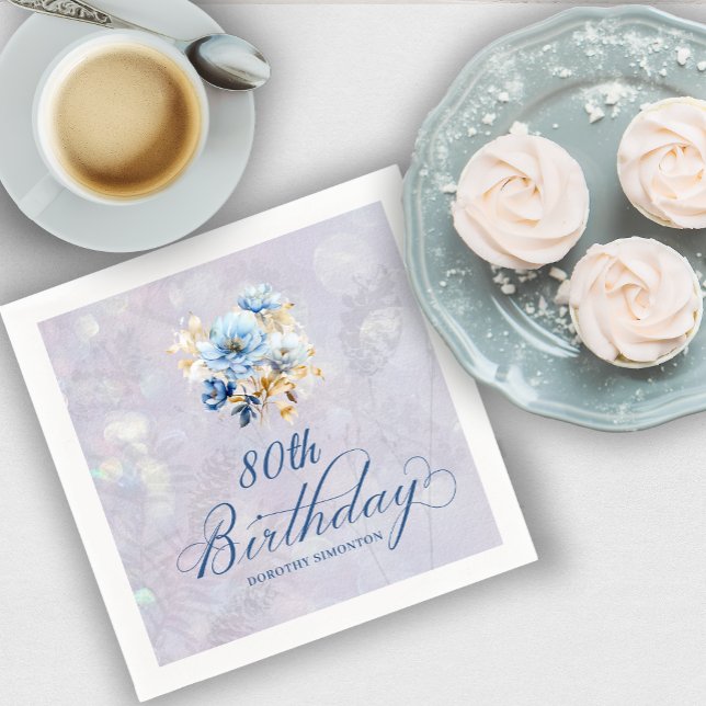 Blue White Watercolor Floral 80th Birthday  Napkin (Creator Uploaded)