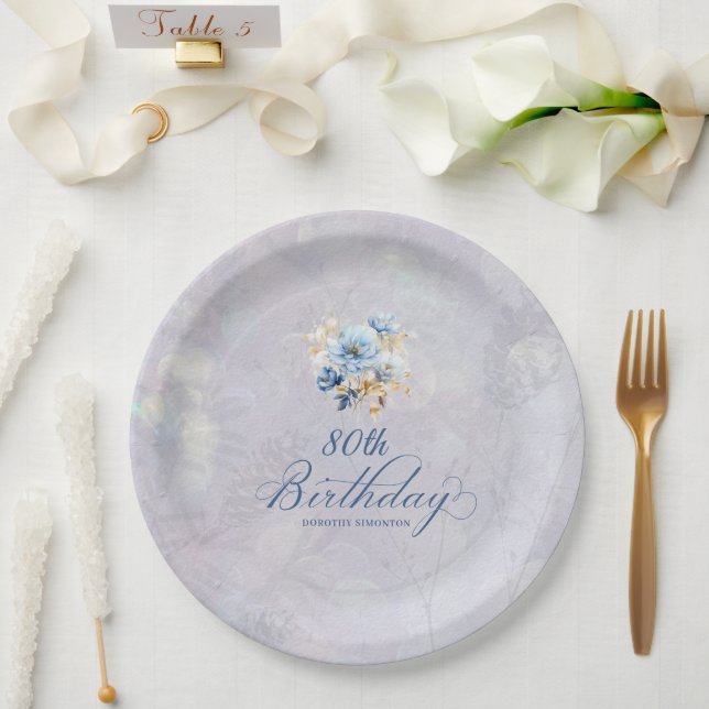 Blue White Watercolor Floral 80th Birthday  Paper Plate (Wedding)