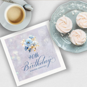 Blue White Watercolor Floral 90th Birthday Napkin