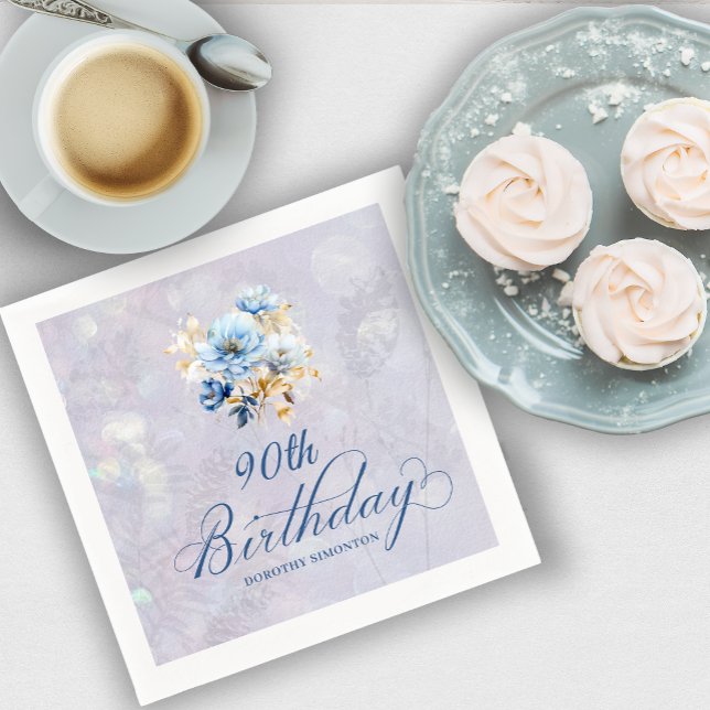 Blue White Watercolor Floral 90th Birthday  Napkin (Creator Uploaded)