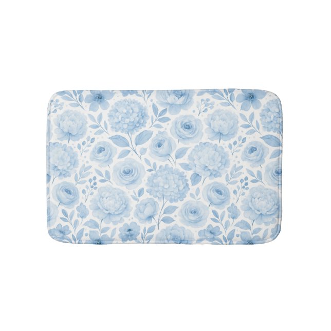 Blue White Watercolor Floral Bath Mat (Front)