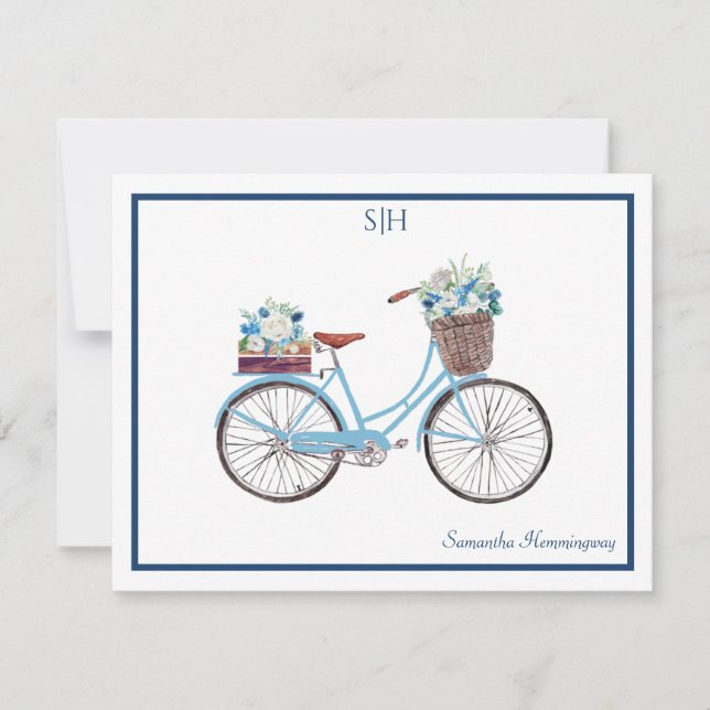 Blue White Watercolor Floral Bicycle Monogram Name Card (Front)