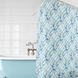 Blue White Watercolor Floral Diagonal Stripe Shower Curtain