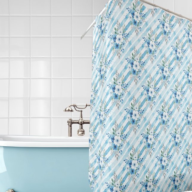 Blue White Watercolor Floral Diagonal Stripe Shower Curtain (A shower curtain with blue and white floral and stripe pattern in a coastal watercolor style)