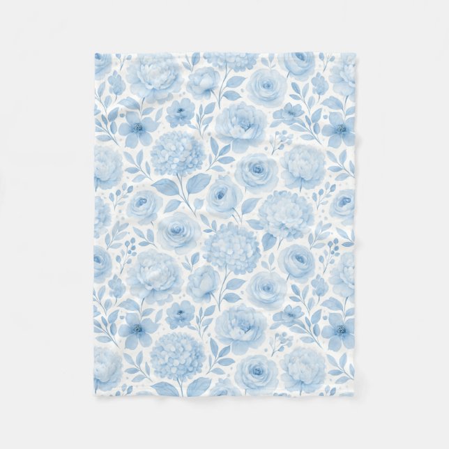 Blue White Watercolor Floral Fleece Blanket (Front)