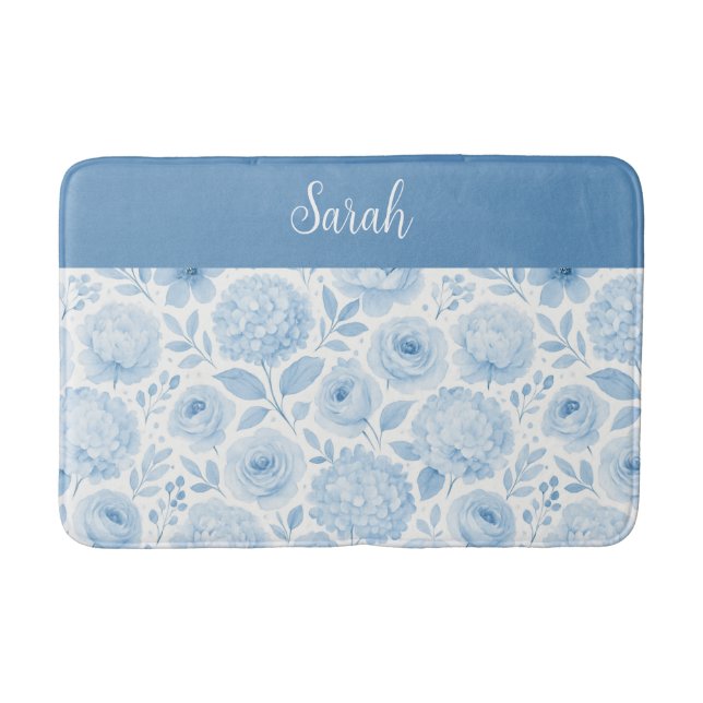 Blue White Watercolor Floral Monogram Name Bath Mat (Front)