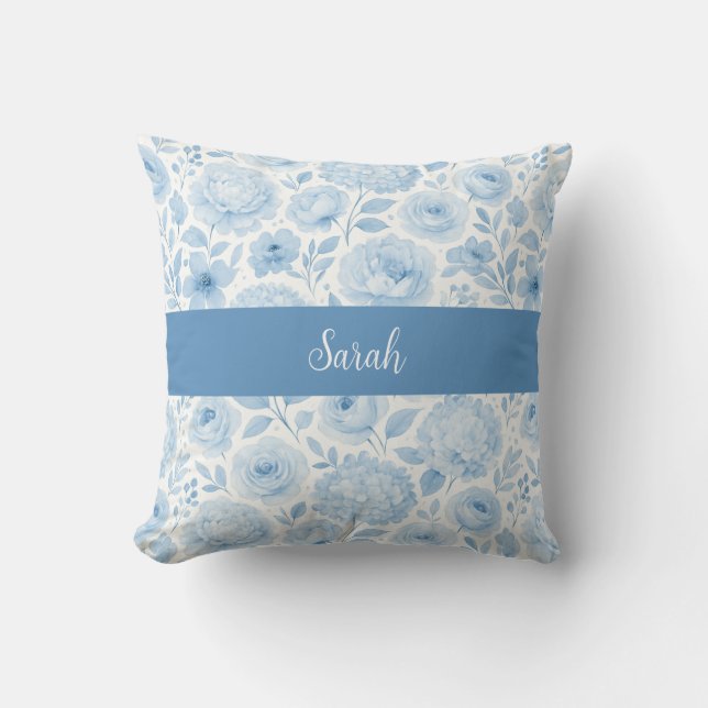 Blue White Watercolor Floral Monogram Name Cushion (Front)