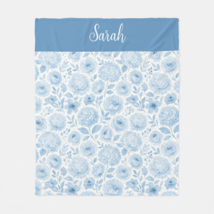 Blue White Watercolor Floral Monogram Name Fleece Blanket
