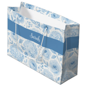 Blue White Watercolor Floral Monogram Name Large Gift Bag