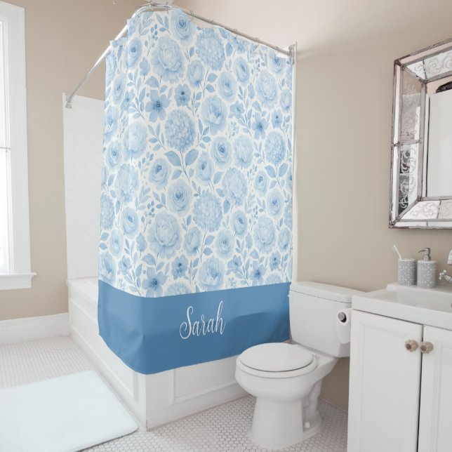 Blue White Watercolor Floral Monogram Name Shower Curtain (In Situ)