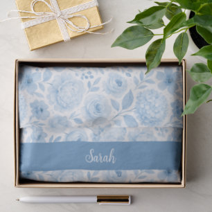 Blue White Watercolor Floral Monogram Name Tissue Paper
