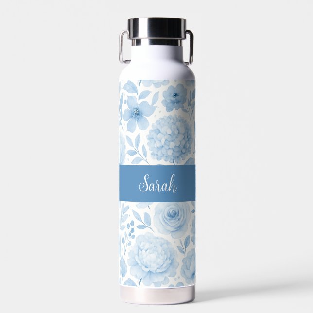 Blue White Watercolor Floral Monogram Name Water Bottle (Front)