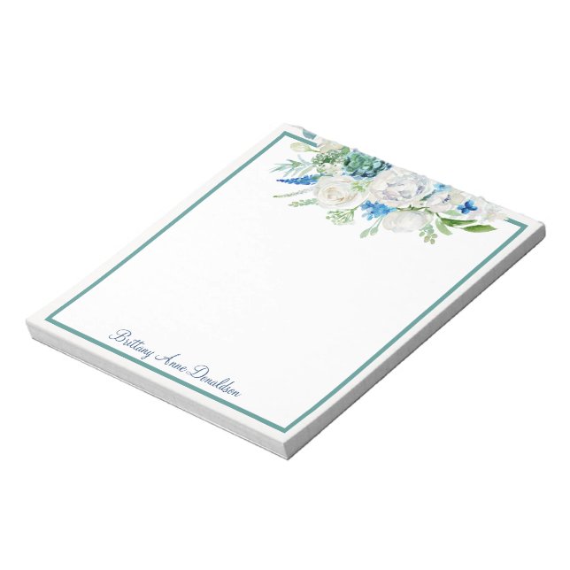 Blue White Watercolor Floral Name Personalise Notepad (Rotated)