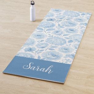 Blue White Watercolor Floral Pattern Custom Name Yoga Mat