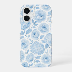 Blue White Watercolor Floral Pattern iPhone 16 Case