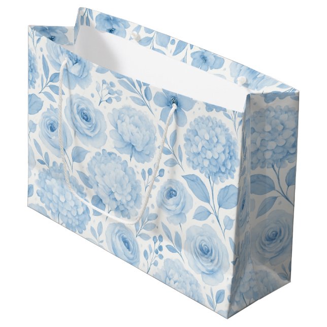 Blue White Watercolor Floral Pattern Large Gift Bag (Front Angled)