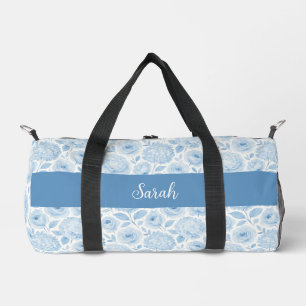 Blue White Watercolor Floral Pattern Monogram Name Duffle Bag