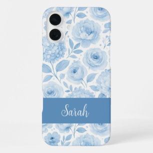 Blue White Watercolor Floral Pattern Name iPhone 16 Plus Case