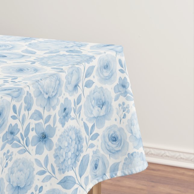 Blue White Watercolor Floral Pattern Tablecloth (In Situ)