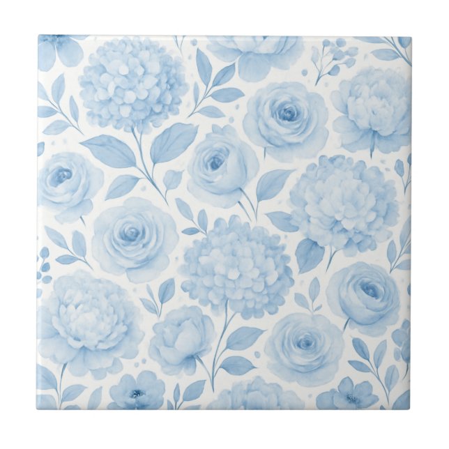 Blue White Watercolor Floral Pattern Tile (Front)