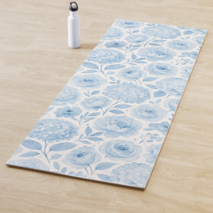 Blue White Watercolor Floral Pattern Yoga Mat