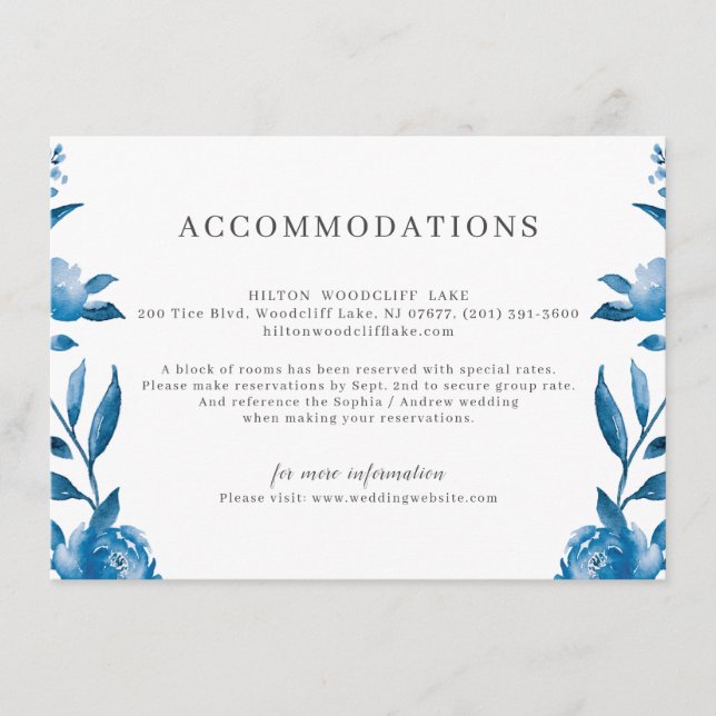 Blue white watercolor floral wedding accommodation enclosure card (Front)