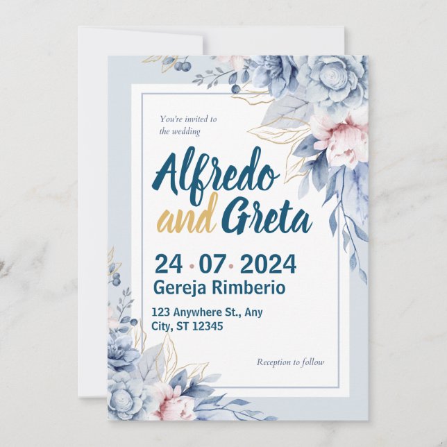 Blue White Watercolor Floral Wedding Invitation (Front)