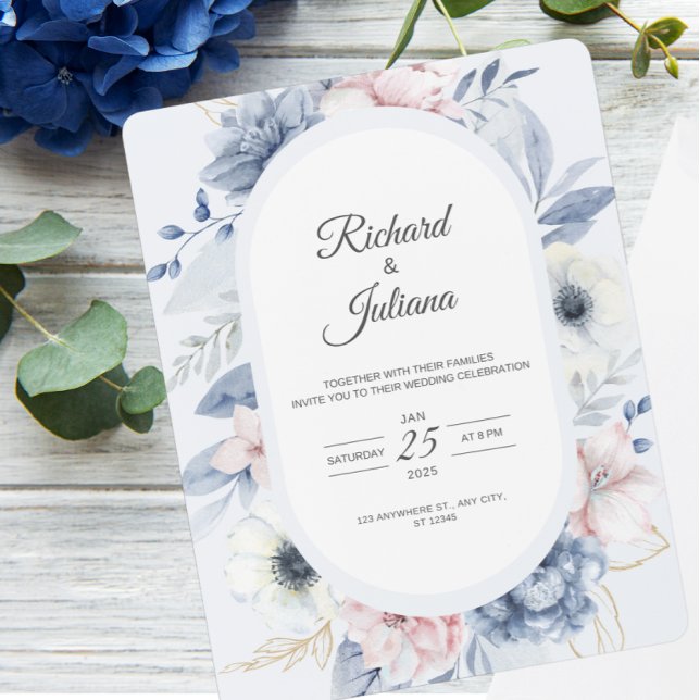 Blue White Watercolor Floral Wedding Invitation (Creator Uploaded)