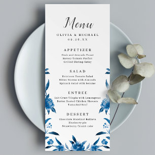 Blue & white watercolor floral wedding menu