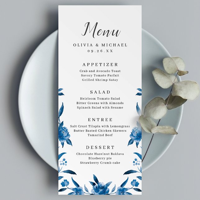 Blue & white watercolor floral wedding menu (Blue & white watercolor floral wedding menu)