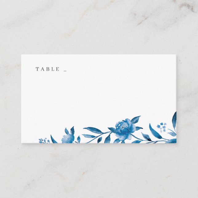 Blue & white watercolor floral wedding place cards (Front)