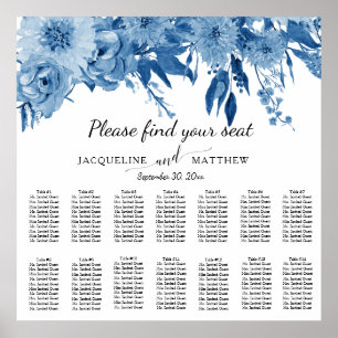Blue White Watercolor Floral Wedding Seating Chart