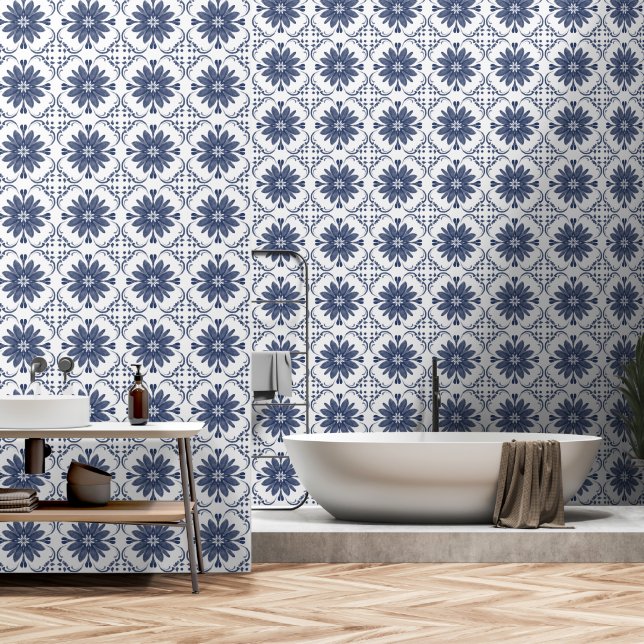 Blue White Watercolor Mediterranean Tile Pattern  Wallpaper (Bathroom)