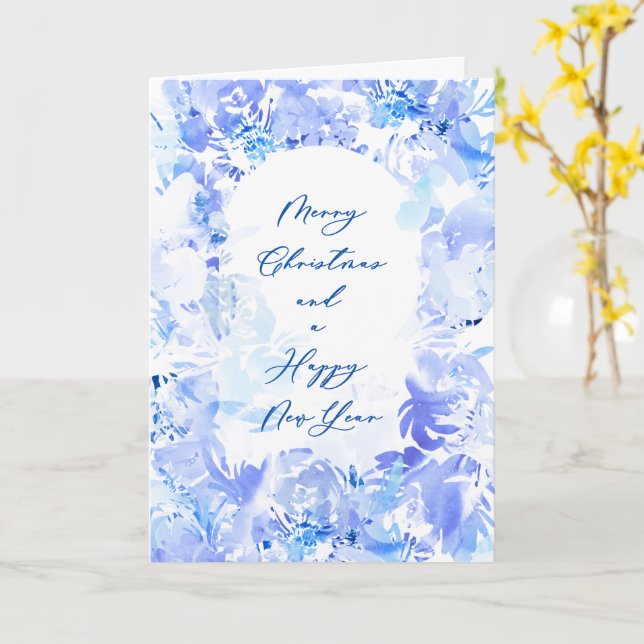 Blue White Watercolor  Merry Christmas  New Year Card (Yellow Flower)