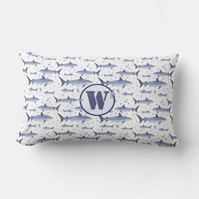 Blue & White Watercolor Monogram Shark + Jellyfish Lumbar Cushion (Front)
