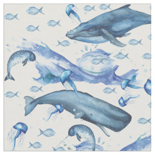 Blue White Watercolor Ocean Marine Life Pattern Fabric