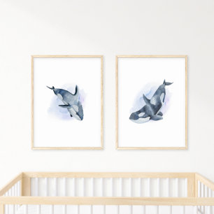 Blue White Watercolor Orca Killer Whale Poster