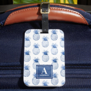 Blue White Watercolor Pineapple Luggage Tag