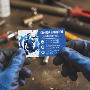 Blue White Watercolor Plumber Illustration Business Card