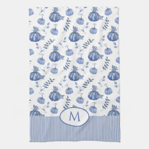Blue White Watercolor Pumpkin Patch Pattern Tea Towel