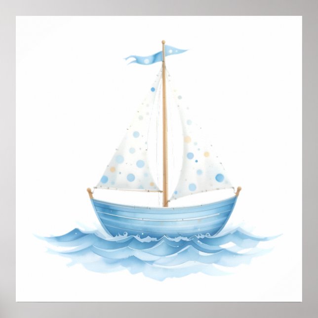 Blue & White Watercolor Sailboat – Nautical Baby R Poster (Front)